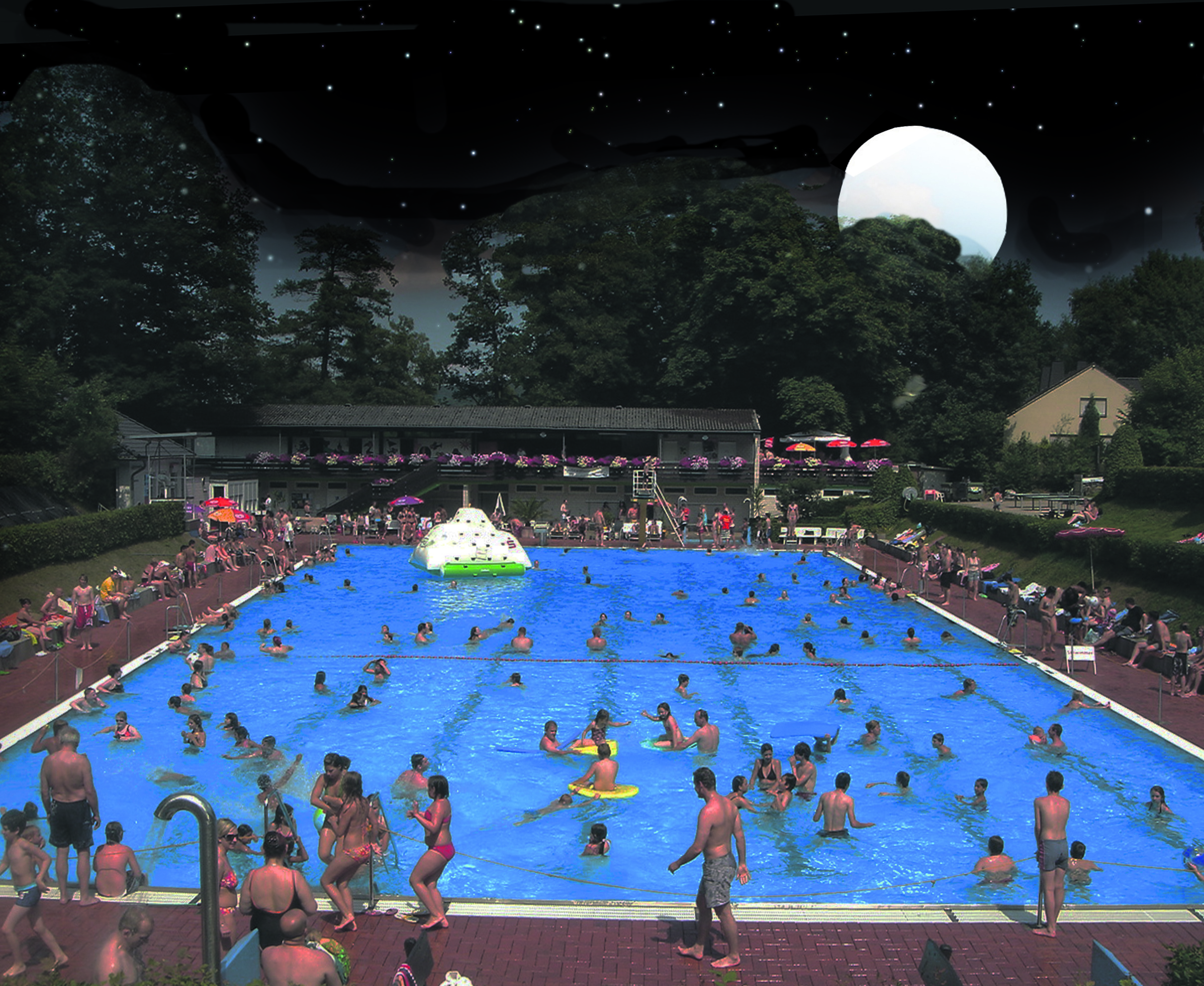 Zugegeben, hier wurde am Computer ein wenig getrickst. Aber Mondschein statt Sonne, das "hat was" im Freibad.