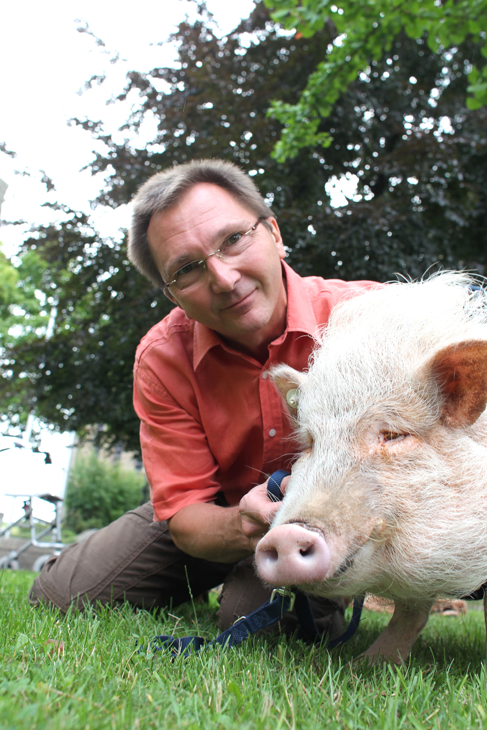 Physiotherapeut Daan Vermeulen mit Therapieschwein Felix. Foto: Lukas
