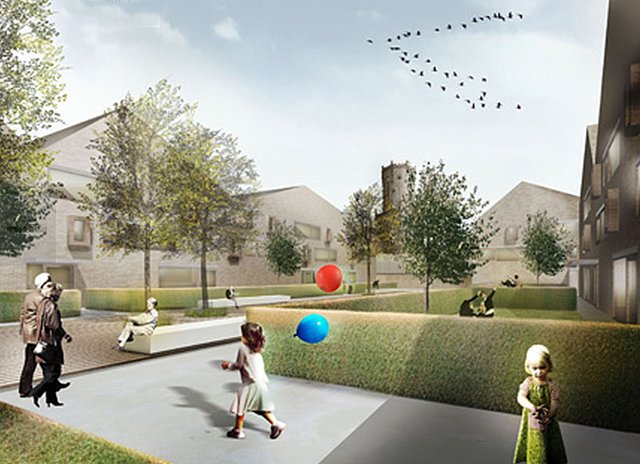 Zwischen der Wohnanlage im ersten Obergeschoss sind Gartenanlagen geplant, die als Begegnungsstätte für jung und alt dienen sollen.