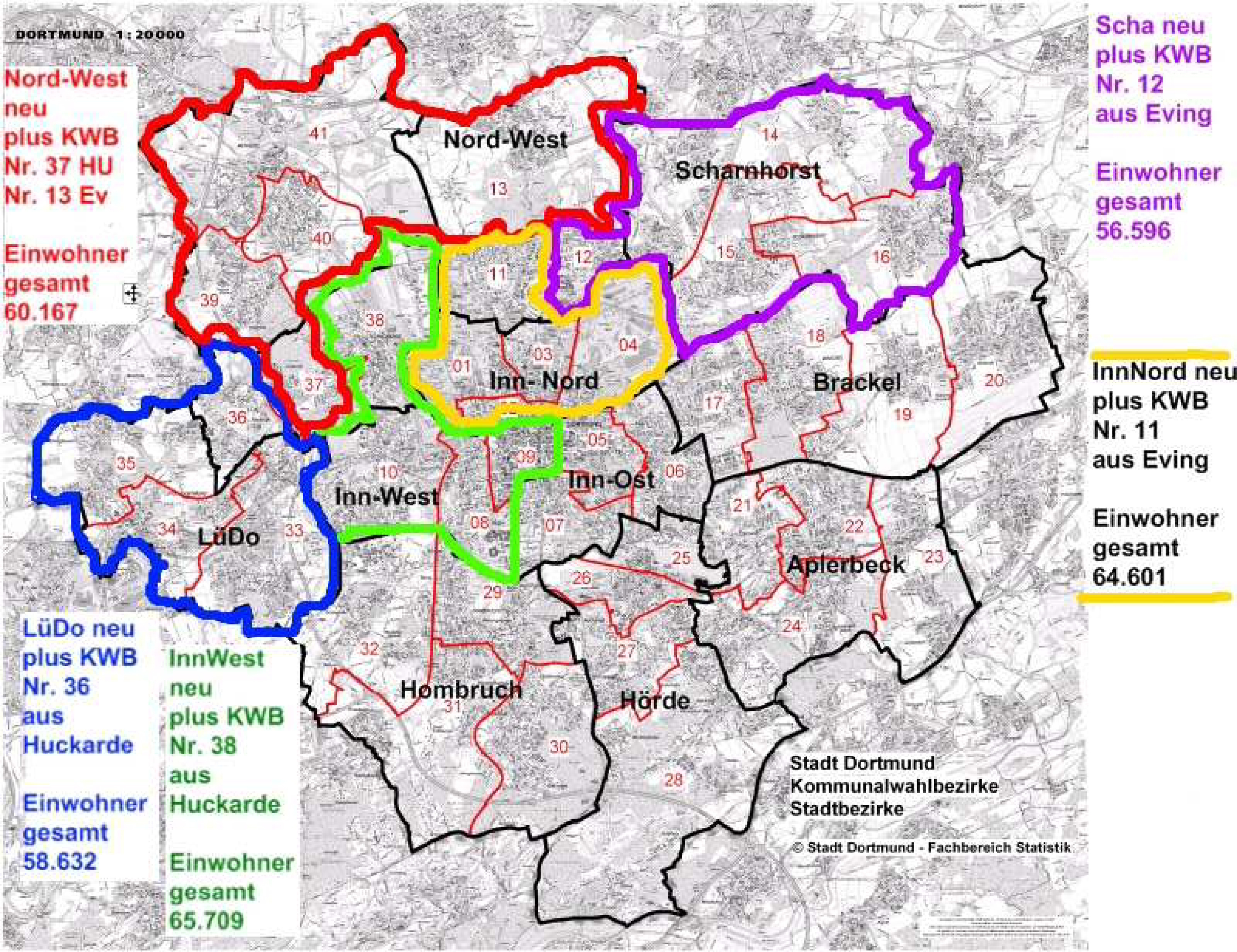 So sollen nach dem Vorschlag von Sascha Mader die neuen Stadtbezirke aussehen. (Grafik: Stadt Dortmund)