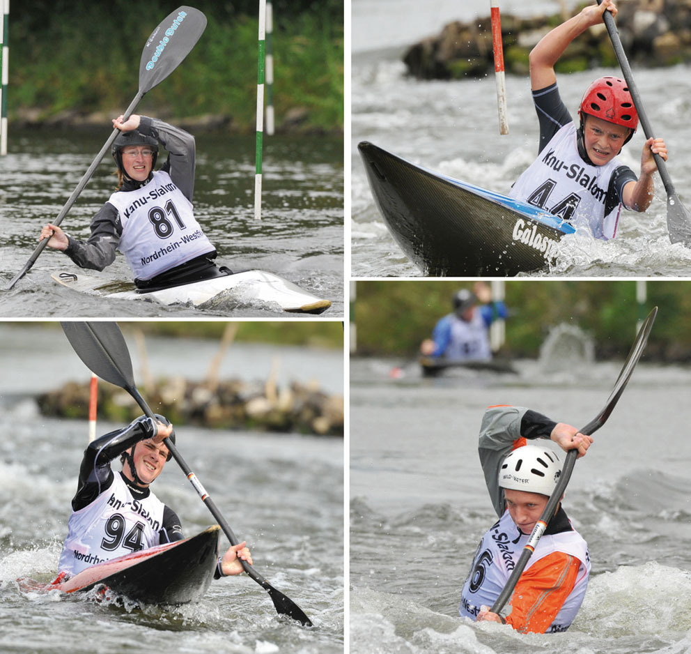 Die erfolgreichen Kanuten Jessica Sontopski vom Kanuclub Gladbeck (links oben), Tim Bremer (rechts oben) und Benjamin März (links unten), beide von den Kanufreunden Wiking Gladbeck. Unten rechts versinkt in den Wassermassen Ben Erik Seibert (KC Gladbeck), der Neffe des ehemaligen Gladbecker Olympiasiegers Michael Seibert.