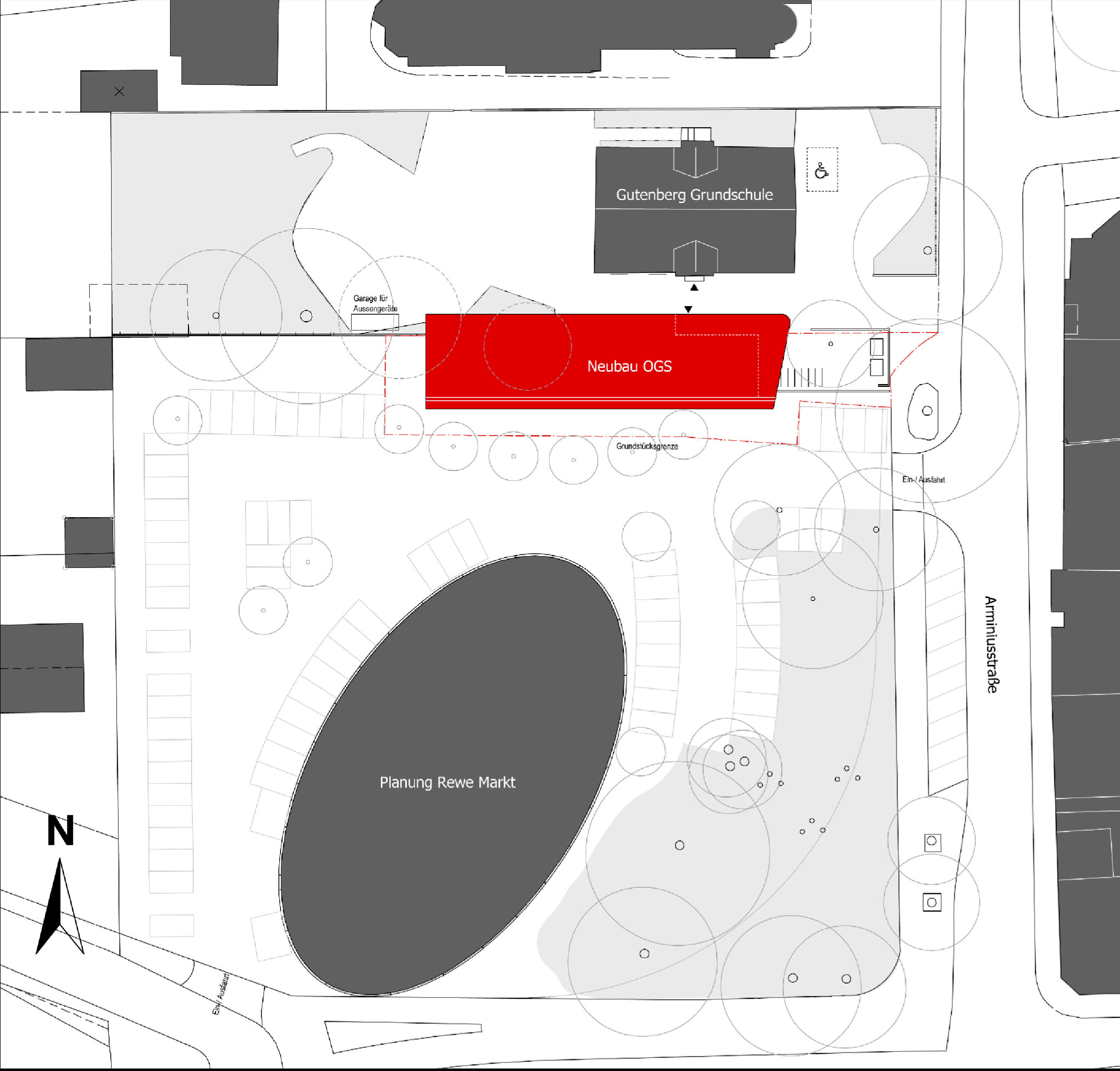So wird es aussehen: Der Neubau (in rot) für den offenen Ganztag entsteht südlich des bestehenden Schulgebäudes (in grau) an der Arminiusstraße (r.) in der Dorstfelder Ortsmitte. (Skizze: Stadt Dortmund)