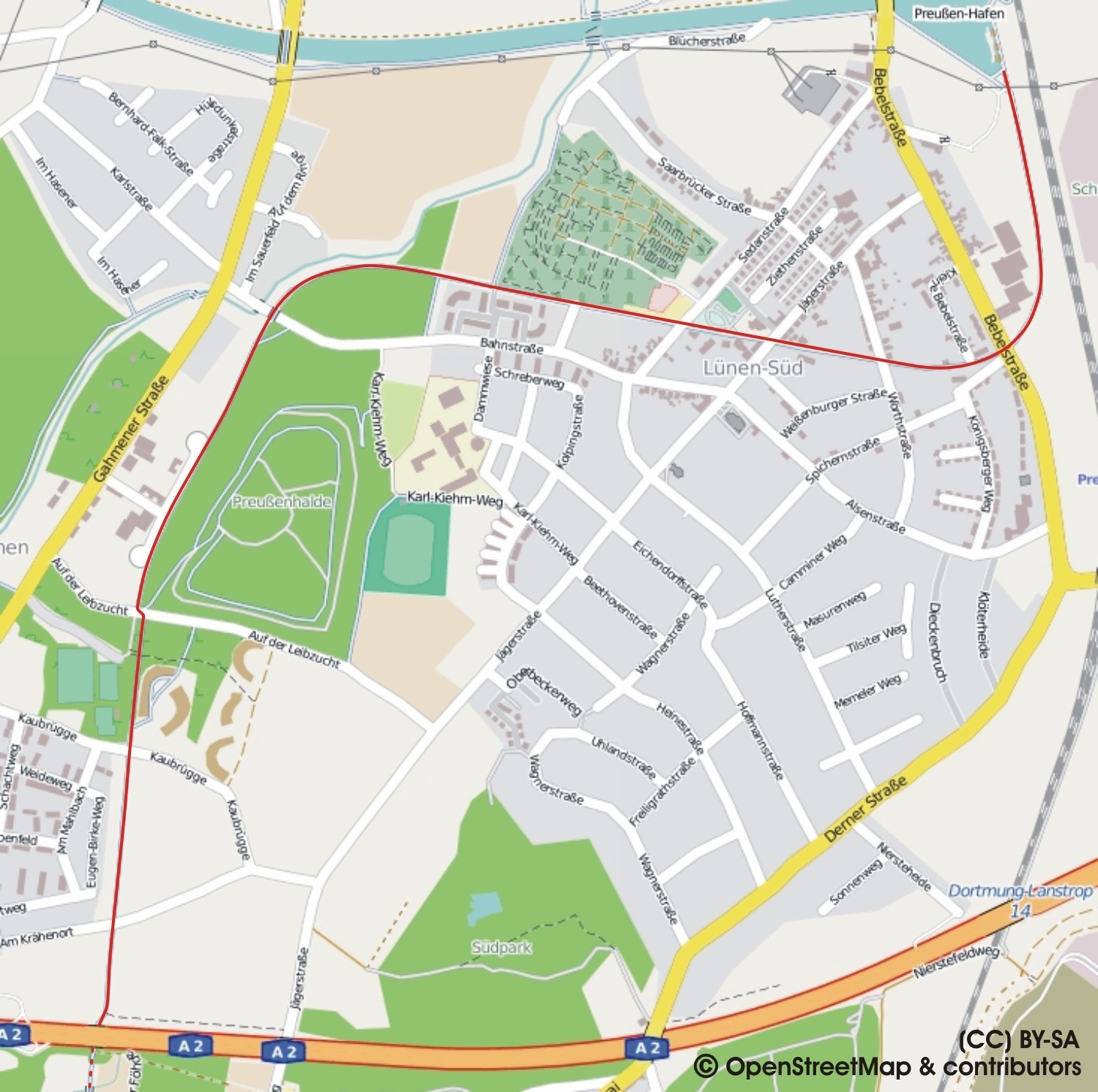 Verlauf der Gneisenau-Trasse (rote Linie) im Stadtgebiet Lünens