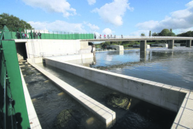 Rund 750.000 Euro wurden in die neue Fischaufstiegshilfe am Kemnader Wehr investiert. Der alte Aufstieg auf der anderen Uferseite, der mit dem Bau des Wehres vor rund 40 Jahren errichtet wurde, bleibt erhalten, zusätzlich gibt es nun einen Aal-Bypass.Foto: Molatta