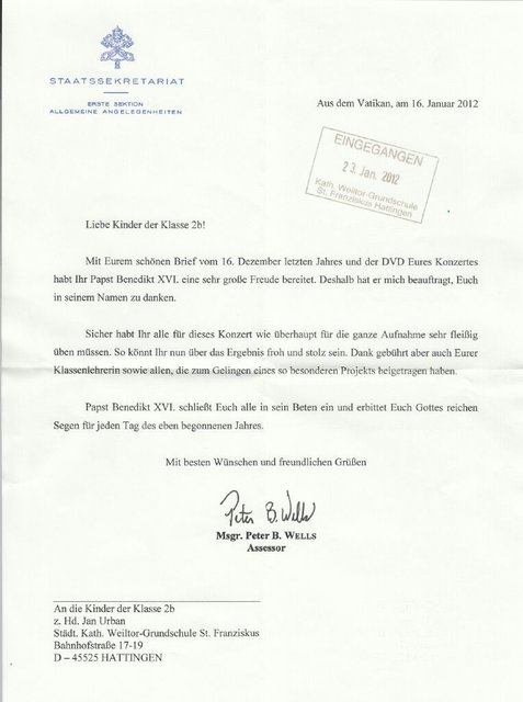 Brief an Klasse 2 b im Auftrag von Papst Benedikt