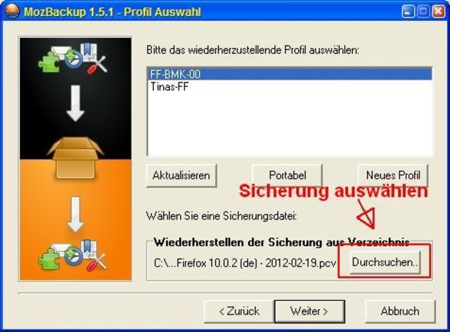 MozBackup - Mozilla Sicherung wiederherstellen - Sicherungspfad auswählen