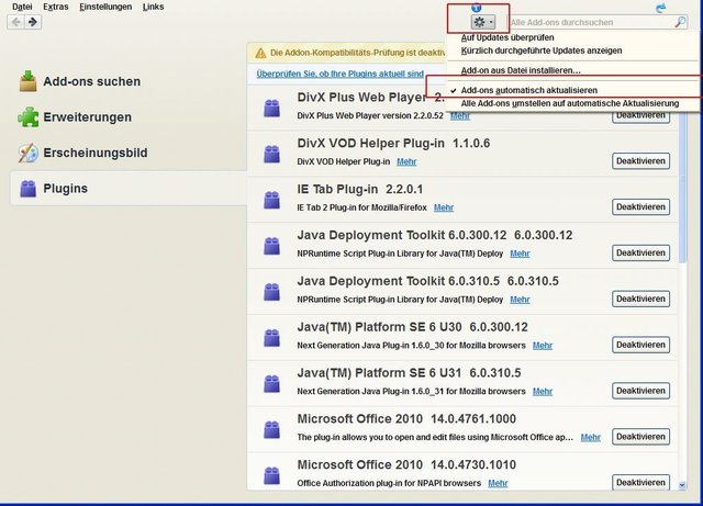 FFPlugin007 - Zahnrad am oberen Bildrand, (Pfeil, Pull-up Menü öffnen) die Option „Add-ons automatisch aktualisieren“ aktivieren.