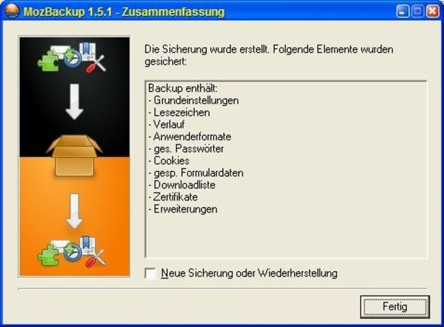 MozBackup - Mozilla Sicherung erstellen - Zusammenfassung nach dem Sichern