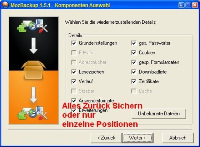 MozBackup - Mozilla Sicherung wiederherstellen - Auswahl der wiederherzustellenden Optionen