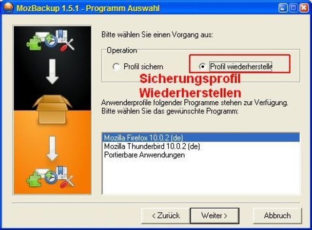 MozBackup - Mozilla Sicherung wiederherstellen - Auswahl