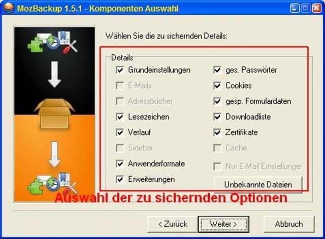 MozBackup - Mozilla Sicherung erstellen - Auswahl der zu sichernden Optionen