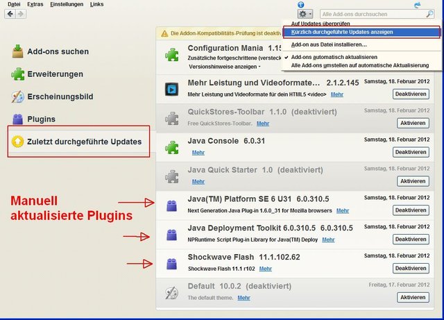 FFPlugin008 -  „Kürzlich durchgeführte Updates anzeigen“ - “Zuletzt durchgeführte Updates“
