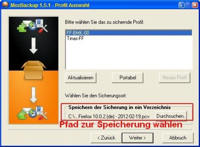 MozBackup - Mozilla Sicherung erstellen - Pfad zur Speicherung auswählen