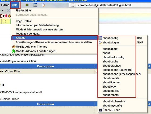 FFPlugin006 - Über Firefox / Hilfe / About: ? Erhalten sie mehr Einblicke in verschiedene Übersichten zu Firefox. Klicken sie ruhig alle einmal durch die meisten davon, sind belegt und  zeigen ihnen Informationen zu Firefox und deren Macher.