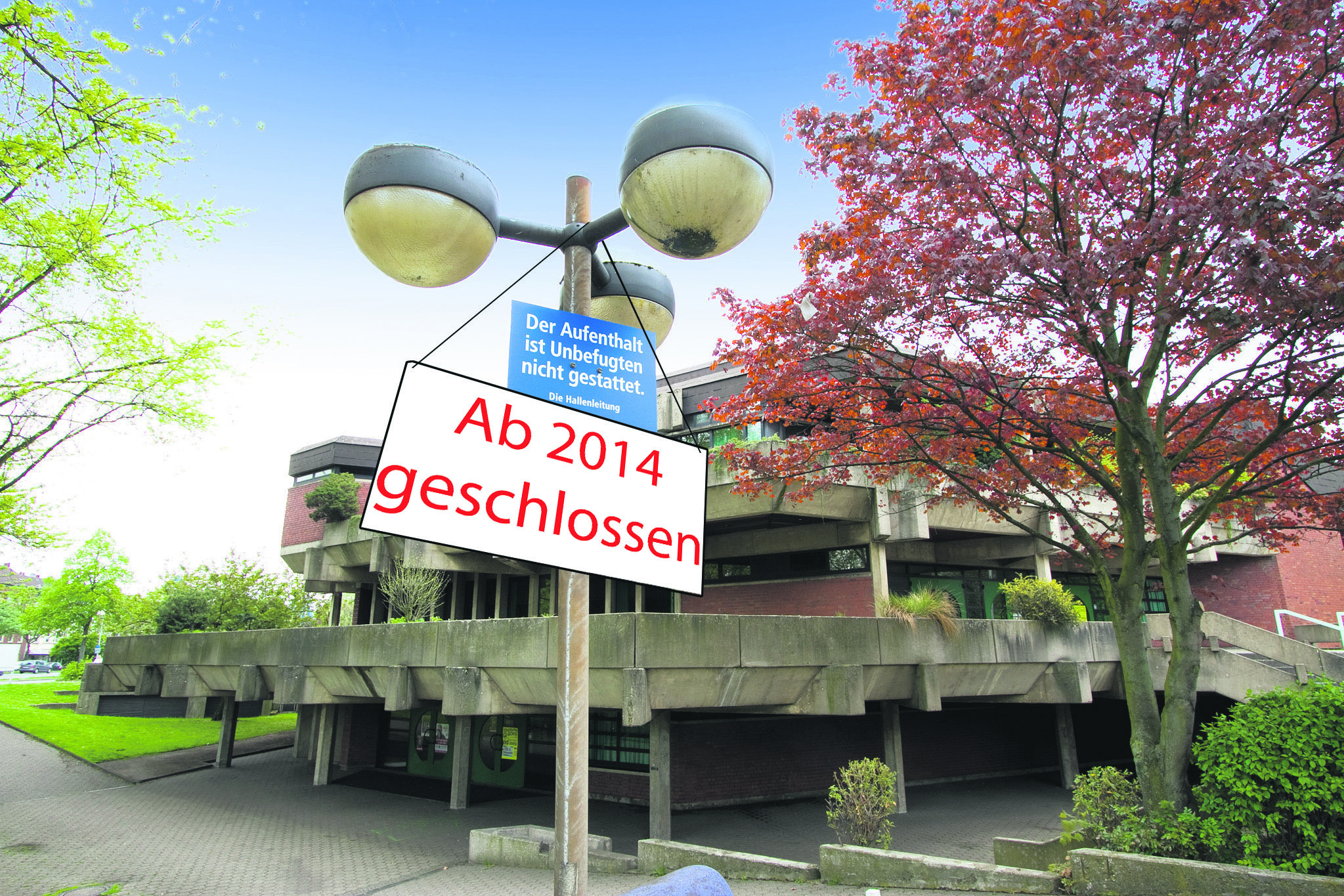Aus für die Rheinhausen-Halle? So sieht's einer von rund 200 Sparvorschlägen der Verwaltung vor. Foto: Kirche + Montage