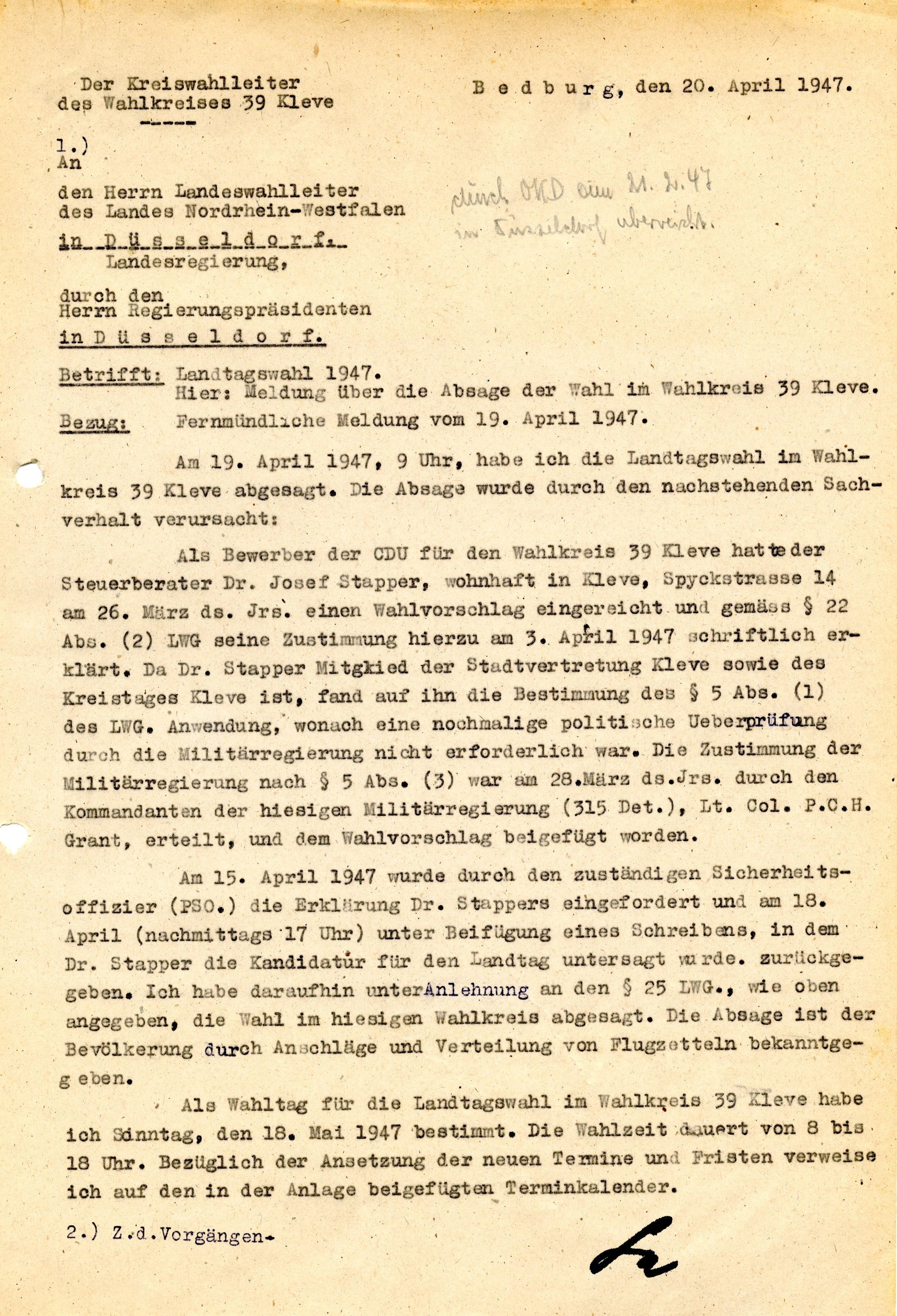 (KA Kle O, 756) Die offizielle Meldung über die Absage der Wahl am 20. April in Kleve.