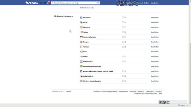 Weiter unten sehen wir die als Dropdownmenü verfügbaren Kategorien in der wir die Aktionen auswählen können bei der uns Facebook eine Nachricht senden soll oder nicht.