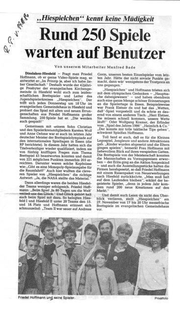 Auch in der Presse (RP) der Spielekreis mit einem Bild von 1986.