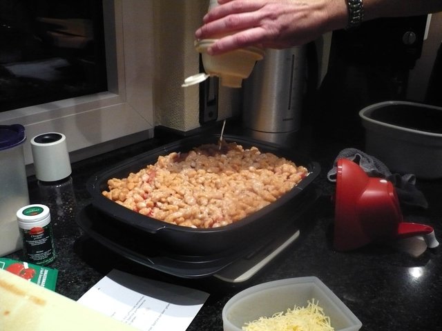 Eine Soße u. a. bestehend aus Sahne, Pfeffer, Salz, Milch, Eier wurde für nun über den Auflauf gegossen. Ich würde noch frischen Knoblauch dazu geben, oder/und angebratene Zwiebelstückchen auch noch...