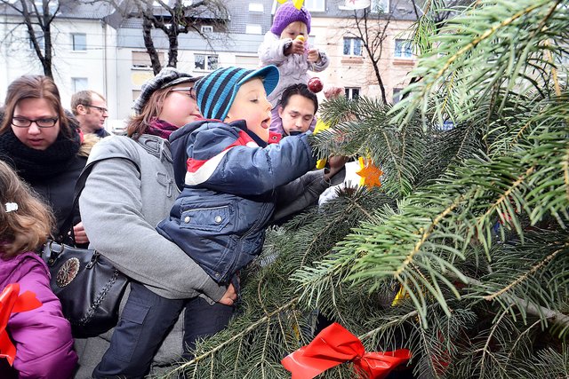 Ohne Hilfe war's gar nicht so einfach, den Christbaumschmuck anzubringen...
