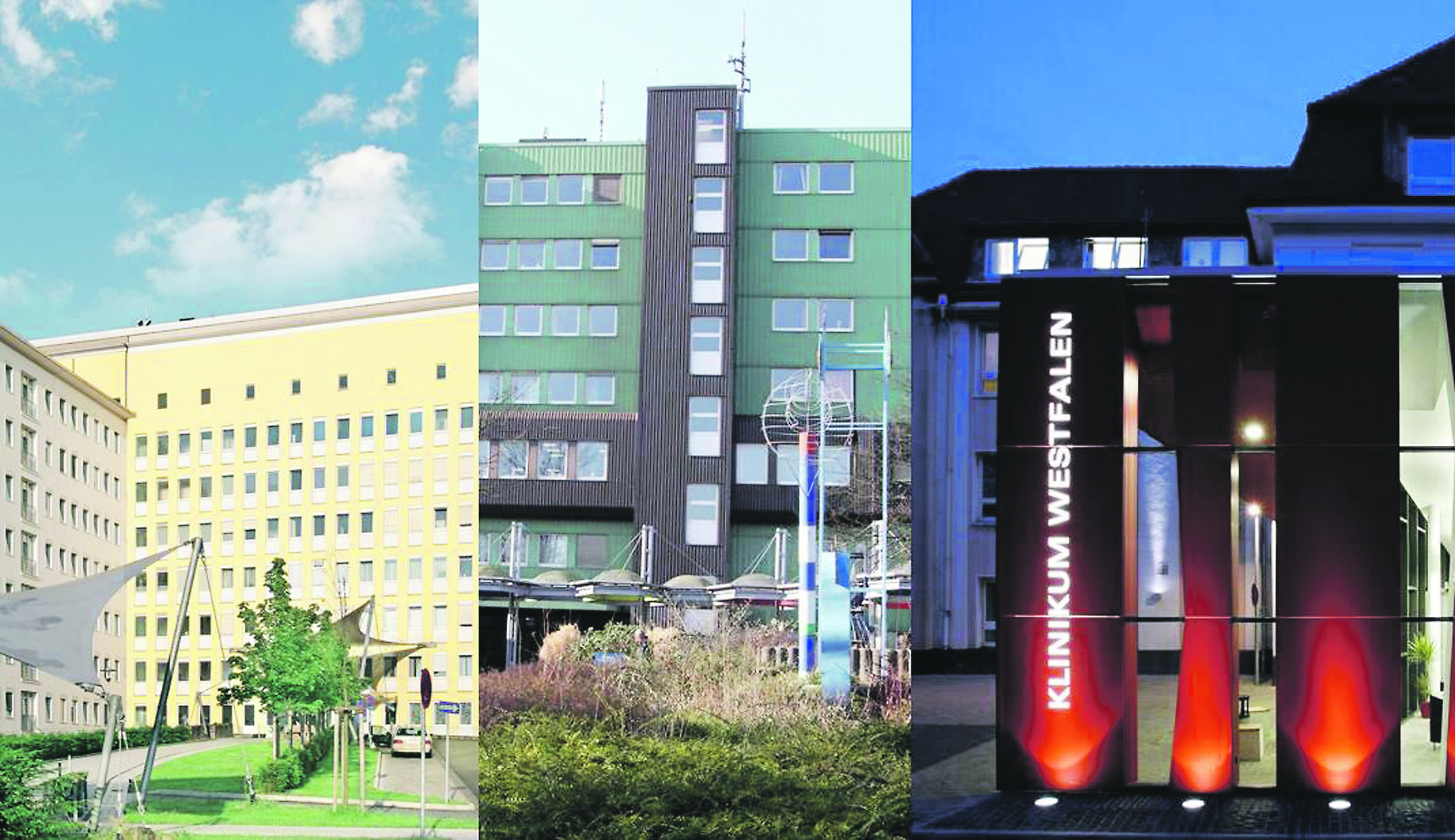 Ab dem 1. Januar 2013 im Dreier-Verbund unterm Dach des Klinikums Westfalen: Das Dortmunder Knappschaftskrankenhaus in Brackel (l.), die Klinik am Park in Lünen-Brambauer (r.) und das Hellmig-Krankenhaus in Kamen.