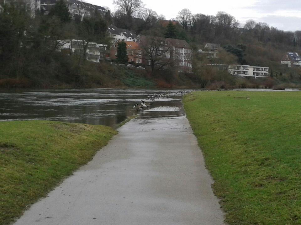 Hier verschwindet der Radweg (ohne Vorwarnung) im Ruhr-Hochwasser. Das Foto entstand kurz vor der Hattinger Ruhrbrücke. FOTO: Peter Mohr
