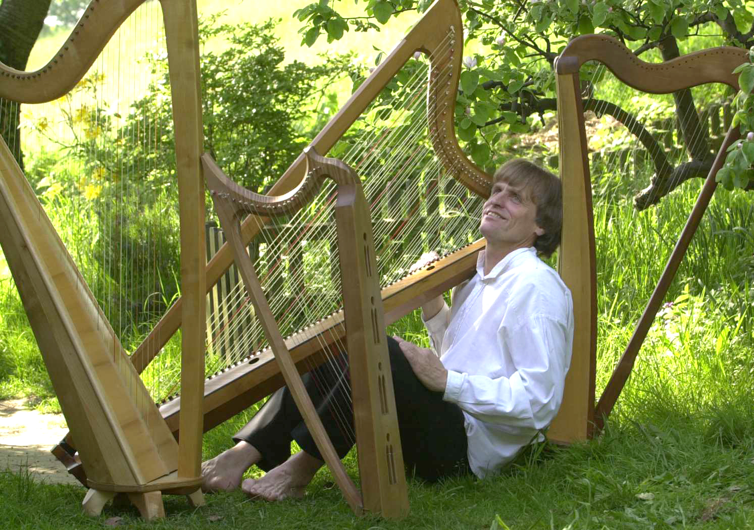 Tom Daun mit seinen Harfen