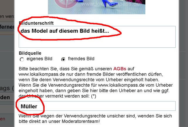 Hier kann man das Bild beschriften. Wenn man das Foto nicht selbst geschossen hat, sollte man das an dieser Stelle ebenfalls kenntlich machen.