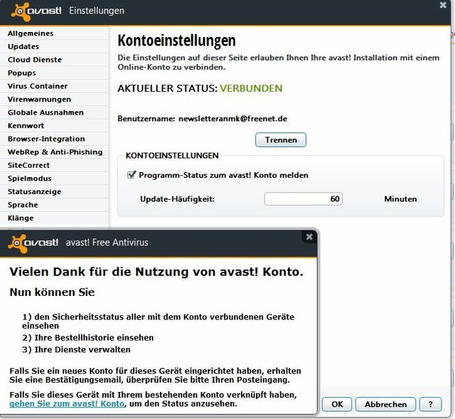 Update-Tipp! Avast 8 - mit neuer Oberfläche und besseren Schutzfunktionen. Online-Konto Verbindung in Avast Freeware (Cloud) - Verbunden und jederzeit von überall abrufbar.