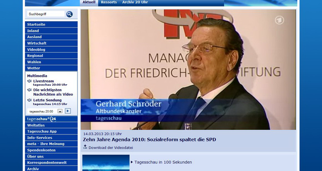 Bildschirmschnappschuss Tagesschau 14.3.: der "Genosse der Bosse", Ex-Kanzler Schröder verteidigt seine "Agenda 2010" gegen Kritik, die er nicht zulässt