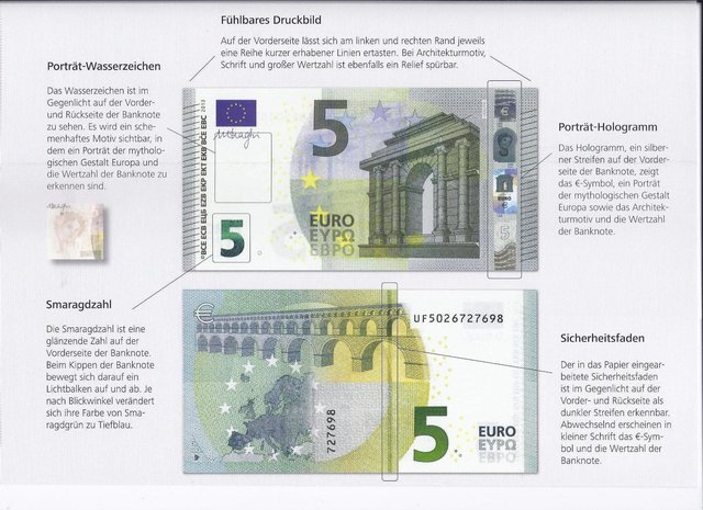 Folgende verbesserte Sicherheitsmerkmale weist der neue 5-Euro Schein auf: ein Porträt-Wasserzeichen und-Hologramm, die neue Zahl, den geriffelten Rand und den Sicherheitsfaden.