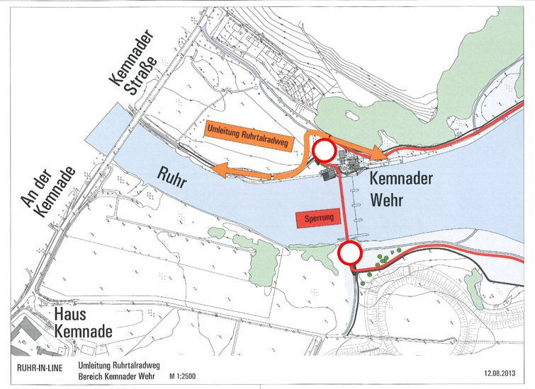 Etwas zeitaufwendiger wird der Anschluss an das Kemnader Wehr im Bereich des Kraftwerkes werden. Hier noch zirka drei bis vier Wochen lang mit Beeinträchtigungen zu rechnen. Der Ruhrtalradweg ist durchgängig befahrbar. Die Umleitung am Kemnader Wehr ist ausgeschildert.