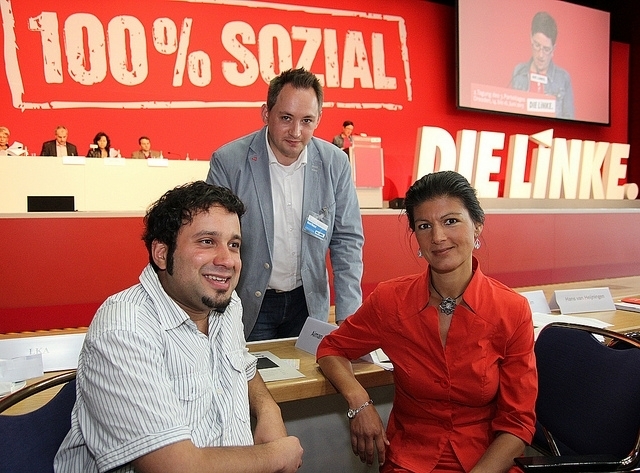 (v.l.) Niema Movasatt, Sascha Wagner und Sahra Wagenknecht.