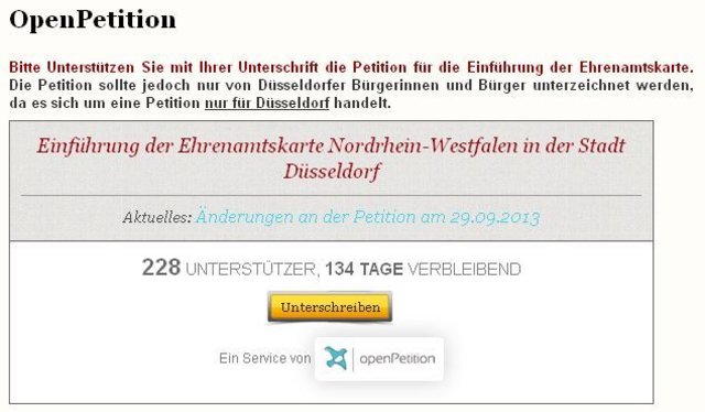 Als DüsseldorferIn können Sie hier die Petition zeichnen. https://www.openpetition.de/petition/online/einfuehrung-der-ehrenamtskarte-nordrhein-westfalen-in-der-stadt-duesseldorf?utm_source=extern&utm_medium=widget&utm_campaign=einfuehrung-der-ehrenamtskarte-nordrhein-westfalen-in-der-stadt-duesseldorf Herzlichen Dank