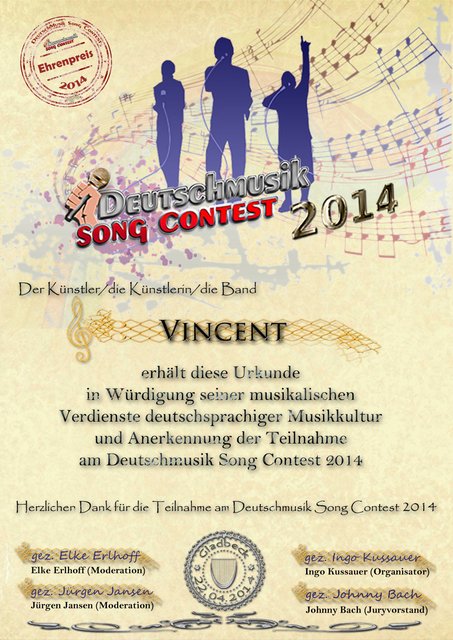 Urkunde (Ehrenpreis) - Schlagersänger Vincent
