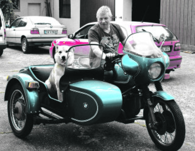 Hank sitzt nicht nur im Auto wie ein Pascha, auch als Sozius ist er einfach nur ein cooler Hund.