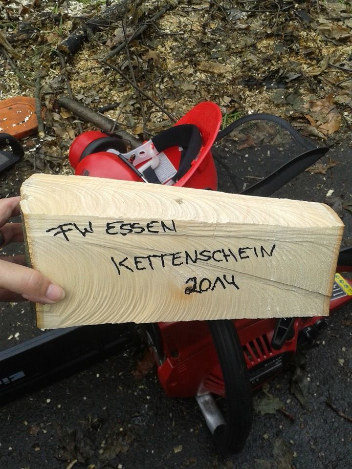 Die Feuerwehr Essen schob zwei Tage "Extraschicht" für "Essen packt an", ermöglichte ehrenamtlichen "Engeln" in zwei Tagen, Theorie und Praxis, den Motorkettensägeschein zu machen. Alle 12 haben bestanden. Freuten sich wie Bolle. Foto: Privat