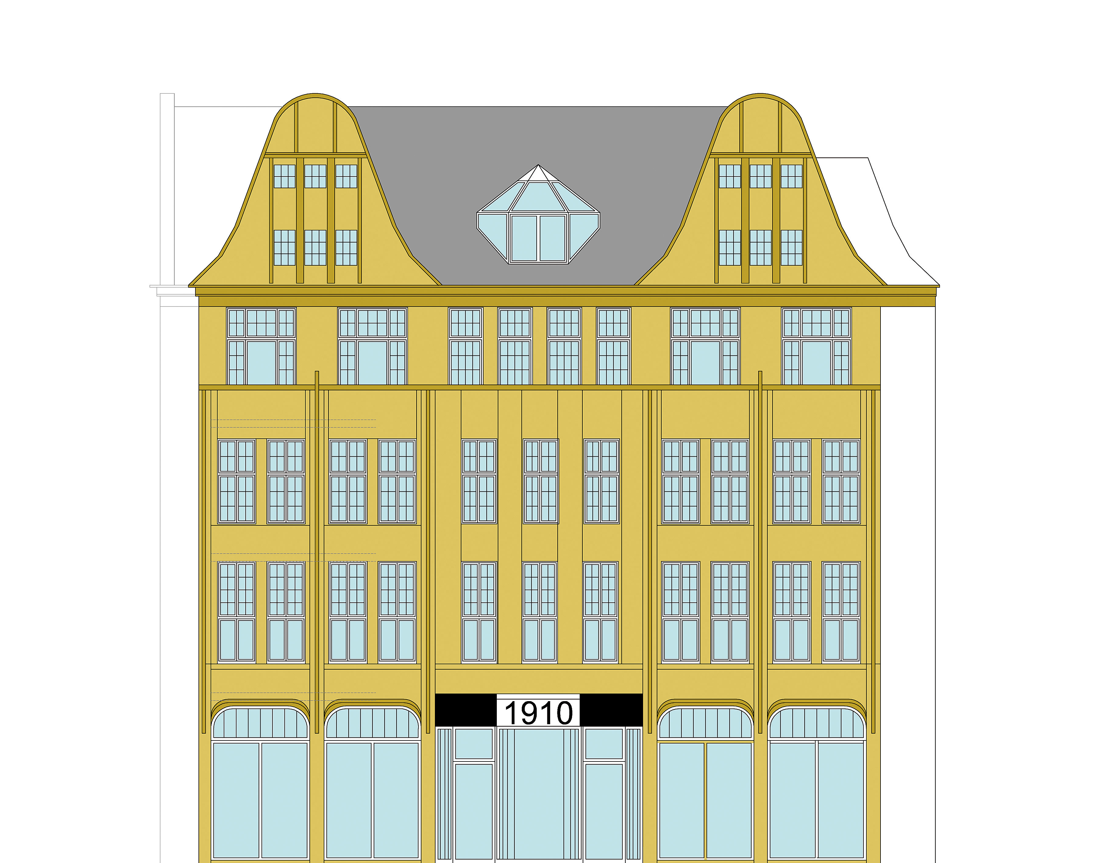 Für die Gastronomie „1910“ wird die Fassade im Erdgeschoss des Gebäudes in ihren Ursprungszustand versetzt.