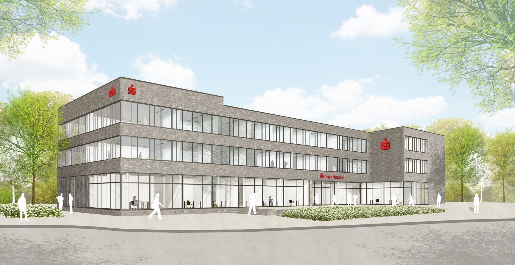 Das neue Sparkassengebäude ist als freistehender Querriegel entlang der Hubert-Biernat-Straße geplant. Grafik: Sparkasse