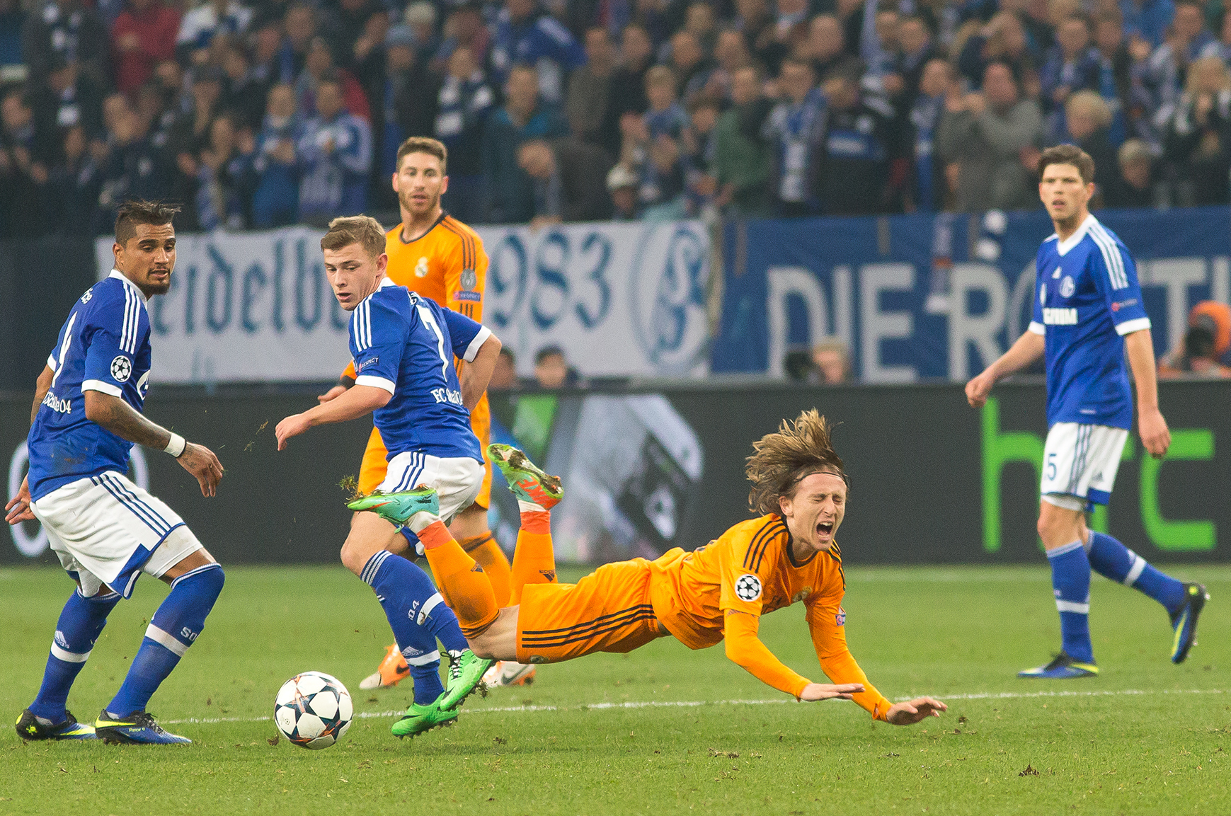 Schalke 04 und Real Madrid treffen ein Jahr nach den Duellen im Februar und März 2014 erneut im Achtelfinale der Champions League aufeinander. Hier stoppen Kevin-Prince Boateng (l.) und Max Meyer Reals zweiten Mittelfeldmotor neben Toni Kroos, Luka Modric.