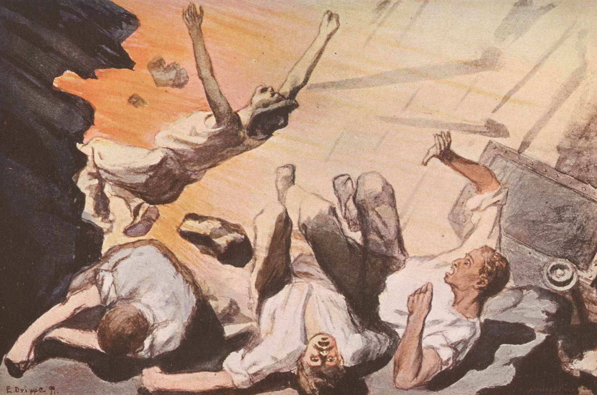 Kolorierter Holzstich einer Grubengasexplosion, um 1865.