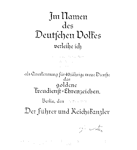 Verleihungsurkunde für 40 Jahre treue Dienste als Postillion und Oberpostschaffner im Jahr 1939.