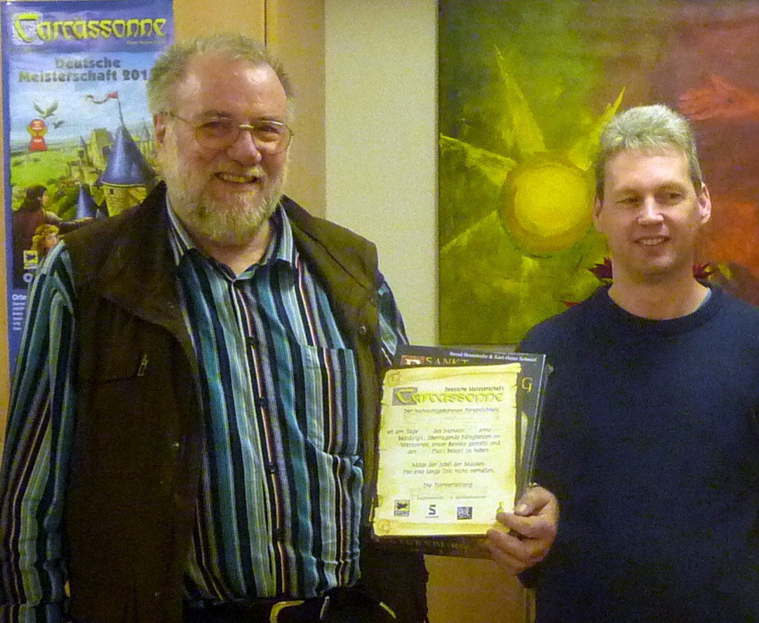 Zwei HIESPIELCHEN bei der Carcassonne-DM in Essen dabei. Titelverteidiger Raimund Dreier und Friedel Hoffmann, Sieger des Hiesfelder Qualifikations-Turniers.