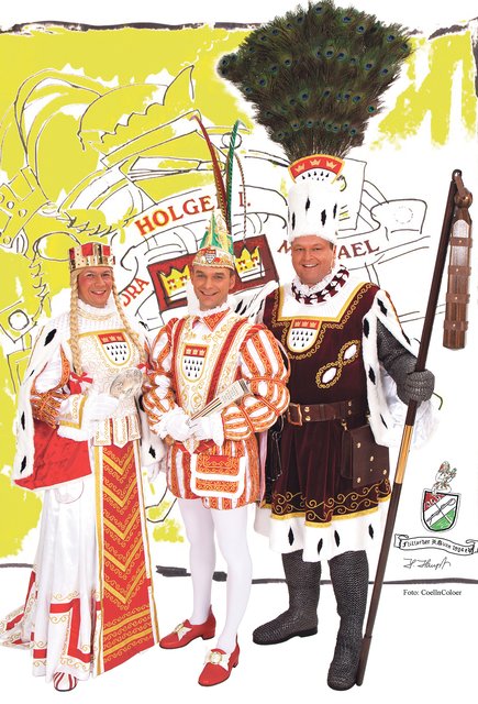 Das Kölner Dreigestirn kommt nach Menden: Jungfrau Alexandra (Sascha Prinz), Prinz Holger I (Holger Kirsch) und Bauer Michael (Michael Müller). Foto: Verein