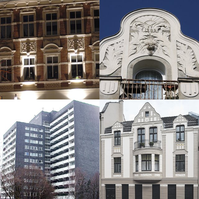 Zum Foto oben links fand Frank Heu "So schön ist Herne bei Nacht." Die Fassade oben rechts entdeckte Peter Gerber. Krasse Gegensätze bilden das Hochhaus aus Gladbeck (Foto: Uwe Rath) und  der prächtig renovierte Altbau in Mülheim (Foto: Walter Schernstein), der im Fassadenwettbewerb der Stadt gewann.