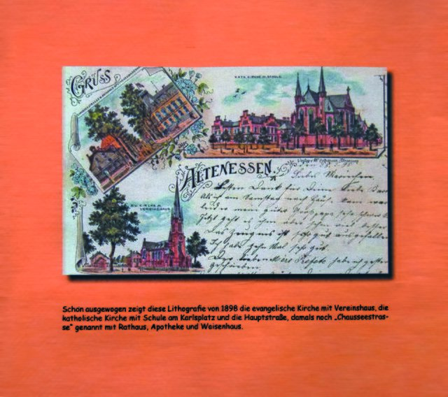 Die älteste Karte zeigt Gebäude aus Altenessen und stammt aus dem Jahr 1889.