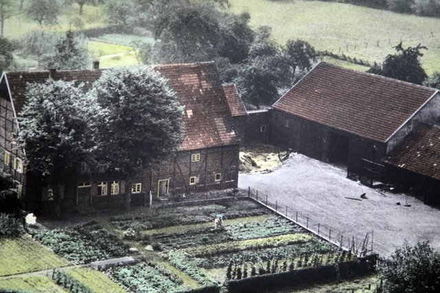 Der Hof Freisendorf in Niederaden auf einem alten Luftbild.