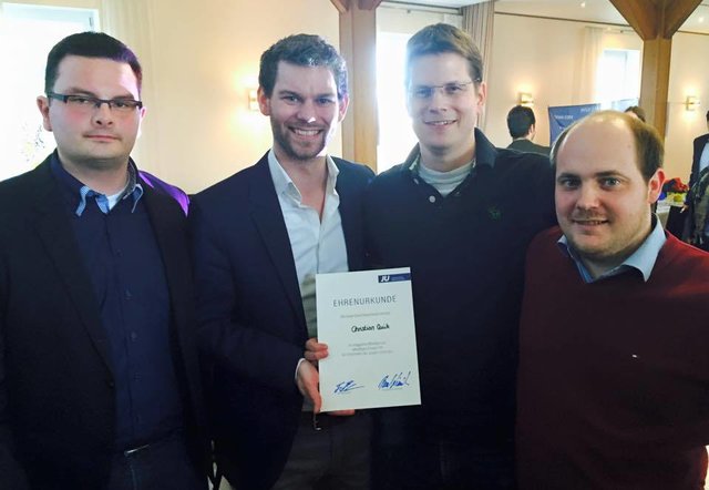 v.l.n.r.: Tim Rathner (neuer JU Kreisvorsitzender Wesel), Florian Braun (Landesvorsitzender JU NRW), Christian Quik (alter JU Kreisvorsitzender Wesel), Thomas Selders (Bezirksvorsitzender JU Niederrhein)