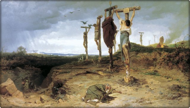Das verdammte Feld (Öl auf Leinwand) aus dem Jahre 1878 von Fyodor Bronnikov (1827- 1902). Dieses in der Moskauer Gemäldegalerie Tretjakow befindliche Kunstwerk zeigt einen typischen Exucutions-Ort im antiken Römischen Reich. So könnte es auf Golgatha auch ausgesehen haben. Dargestellt sind hier gekreuzigte Sklaven. Quelle: Wiki, gemeinfrei.