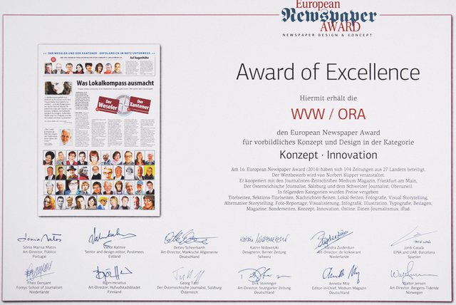 Neu in unseren heiligen Hallen: der Award of Excellence des European Newspaper Congress.